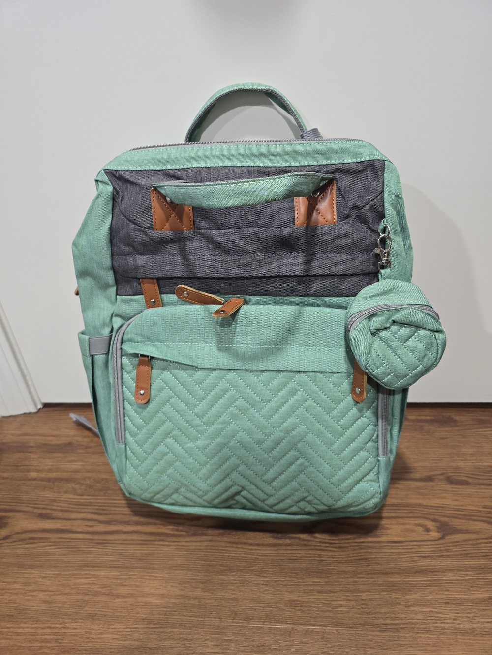 Mint Green Quilted Men's Backpack with Gray Accents
